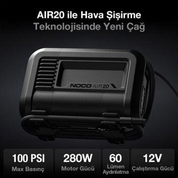 NOCO AIR20 12Volt Akü Bağlantı Maşalı 100 PSI Ayarlanabilir Dijital Basınç Göstergeli Profesyonel Lastik Şişirme Pompası