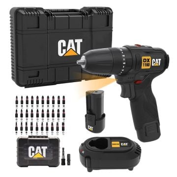 CAT DX1160 12Volt/2.0Ah Li-ion Çift Akülü Kömürsüz Profesyonel Şarjlı Darbeli Matkap + DA01901 32 Parça Aksesuar Seti