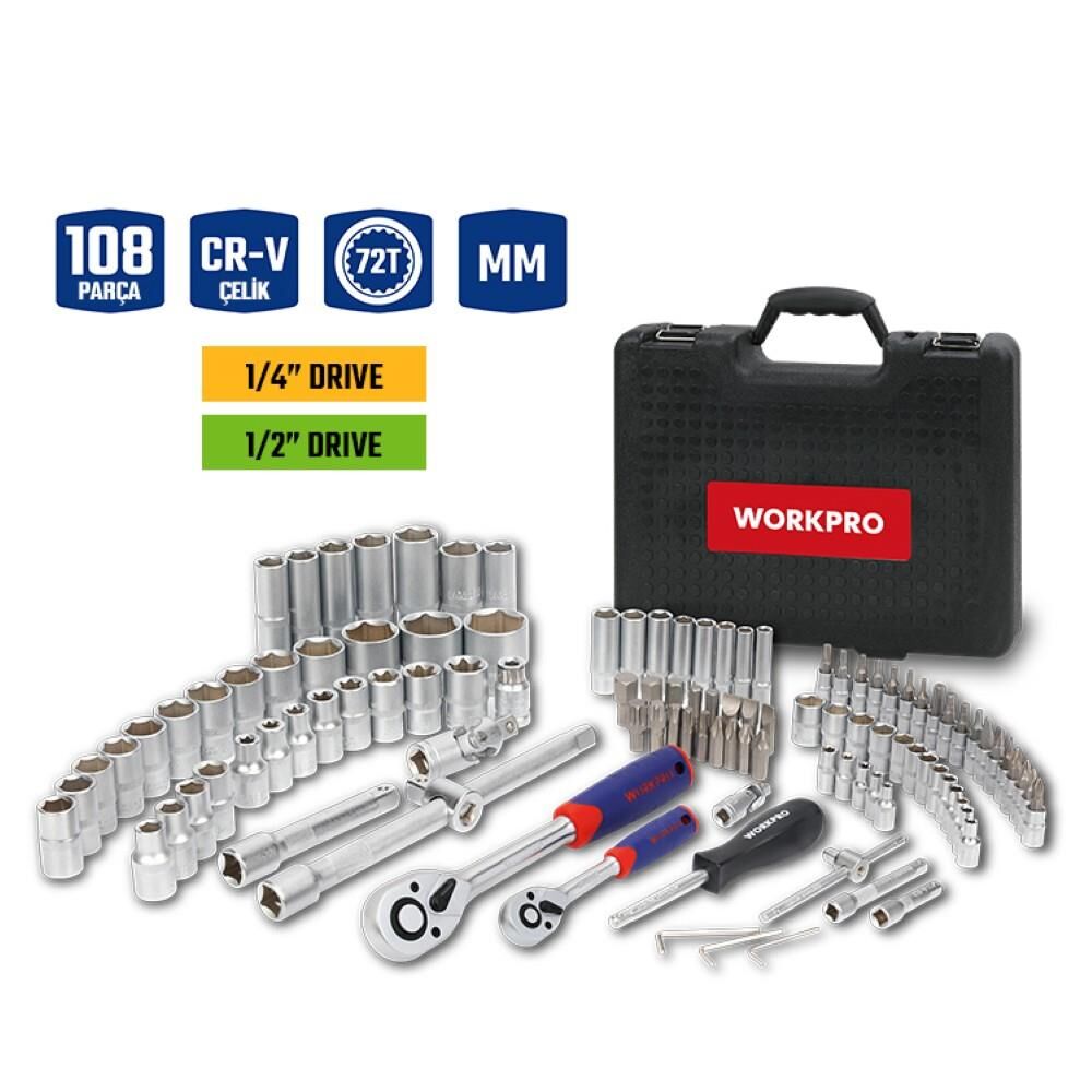 WORKPRO WP202535 1/4'’ 1/2'’ 108 Parça Cr-V Metrik Profesyonel Lokma Takımı