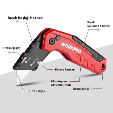 WORKPRO WP211026 Katlanır Çok Amaçlı Profesyonel Rötuş Maket Bıçağı + 14 Adet Yedek Bıçak