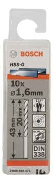 Bosch - HSS-G Metal Matkap Ucu 1,6*43 mm 10'lu Paket