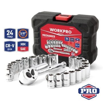 WORKPRO WP202541 3/8'’ CR-V 24 Parça Metrik/İnç Ağır Hizmet Lokma Takımı