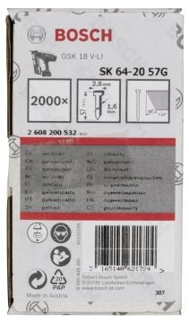 Bosch - Başsız Çivi 20ᵒ 57 mm Galvanizli 2000li