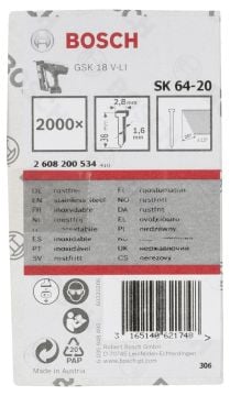 Bosch - Başsız Çivi 20ᵒ 38 mm Paslanmaz 2000li