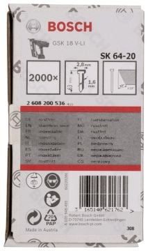 Bosch - Başsız Çivi 20ᵒ 63 mm Paslanmaz 2000li