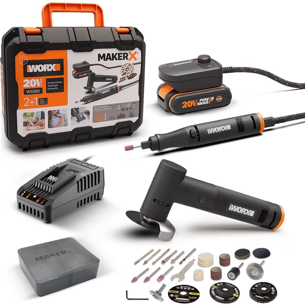 WORX WX990 MAKERX 20Volt 2.0Ah. Kömürsüz Profesyonel Gravür + 50MM Açılı Avuç Taşlama Kombo Set + 39 Parça aksesuar