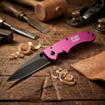 CAT DA980060 Kemer Askı Kancalı Katlanabilir 15CM Paslanmaz Çelik Pembe Kamp Çakısı