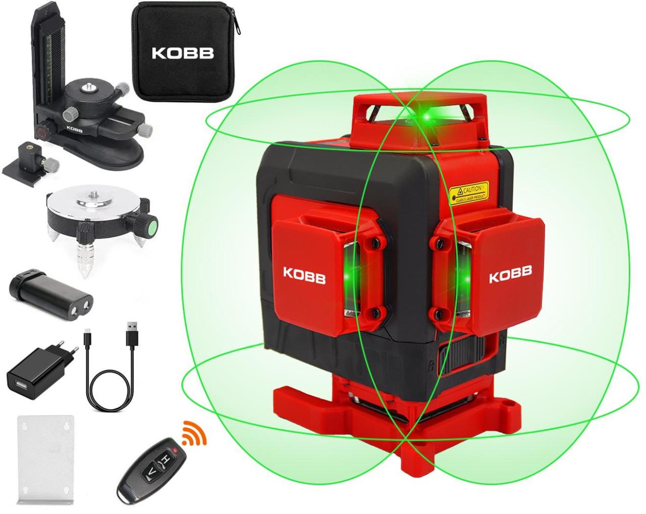 KOBB KBL35G Profesyonel Li-ion Şarjlı 4X360⁰ Otomatik Hizalamalı Yeşil Çapraz Çizgi Lazer Distomat+Uzaktan Kumanda